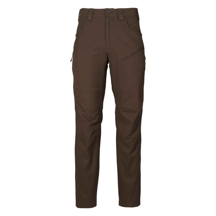 Brown pants with button waist, belt loops, front pockets, and zippered thigh pockets.