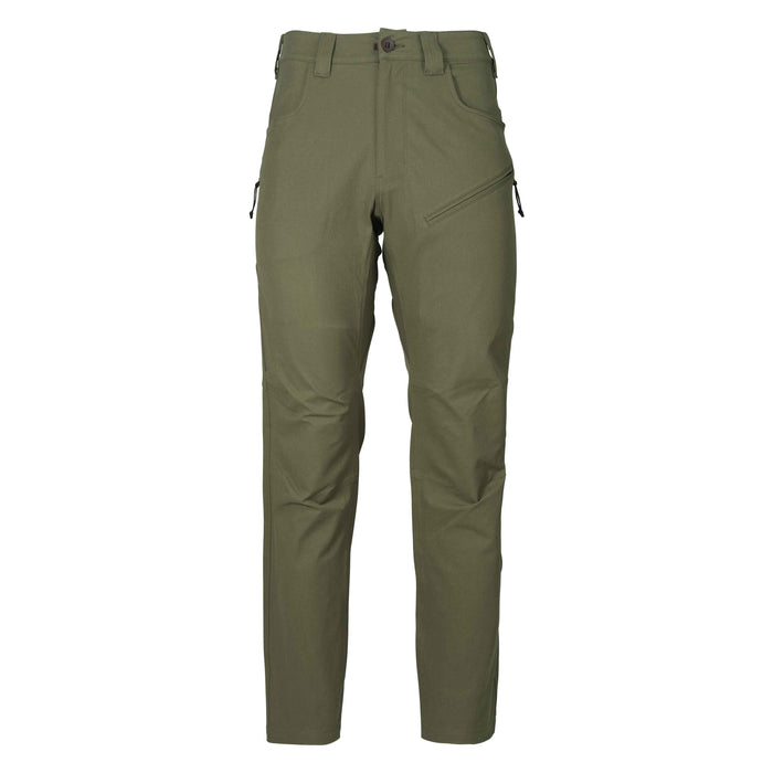 Olive green pants with a button closure, belt loops, front slash pockets, and a diagonal zippered thigh pocket.