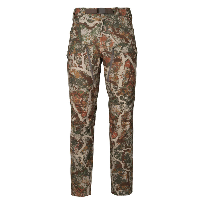 Multi-color camouflage pants featuring an integrated brown belt, a black buckle, and zippered thigh pockets.