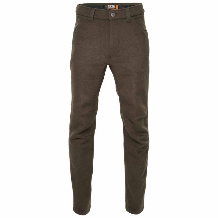 Olive green wool hunting pants on a white studio background.