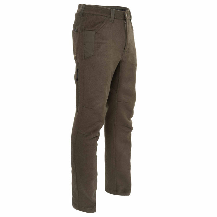 Olive green wool hunting pants with a side angle on a white studio background