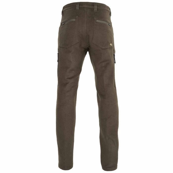 Olive green wool hunting pants with a back view on a white studio background
