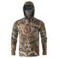 Camouflage hooded quarter-zip shirt with built-in face mask, orange logo on the chest, and thumbholes.