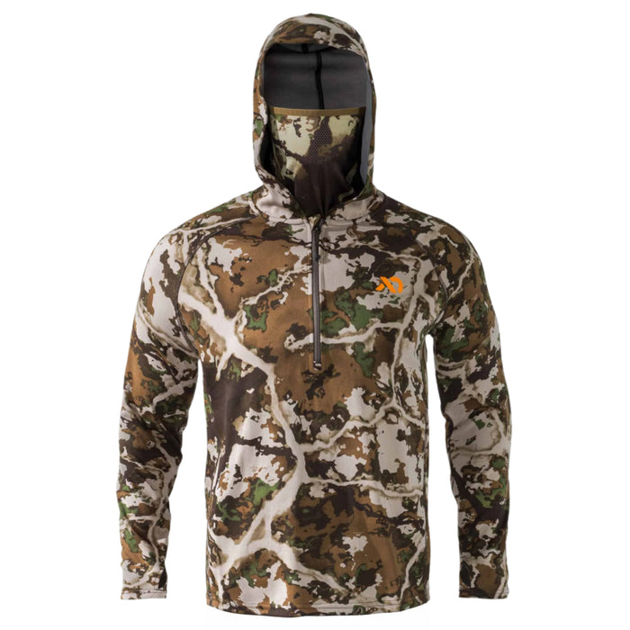 Camouflage hooded quarter-zip shirt with an integrated face mask and an orange chest logo.