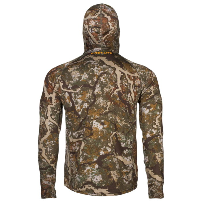 Rear view of a men's hooded long-sleeve shirt in a green, brown, tan, and white camouflage pattern, with an orange "FIRST LITE" logo on the back.