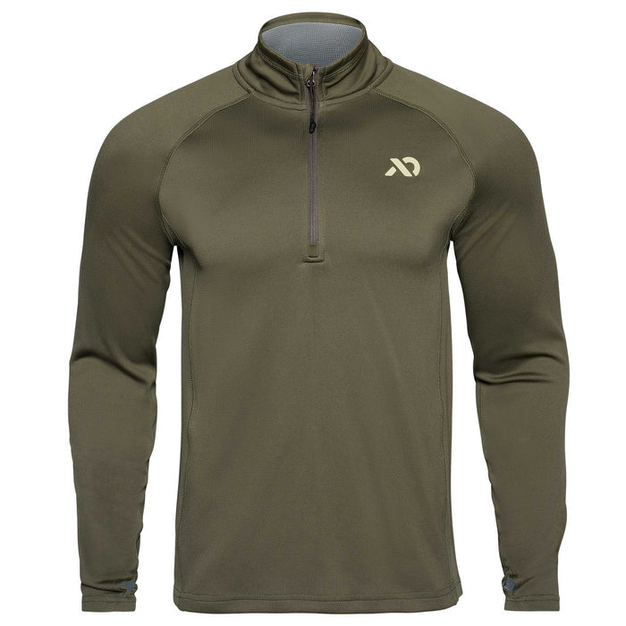 Olive green long-sleeve quarter zip with a First Lite logo on a white background