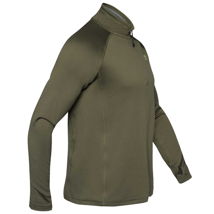 Green quarter-zip with athletic material and thumbholes.