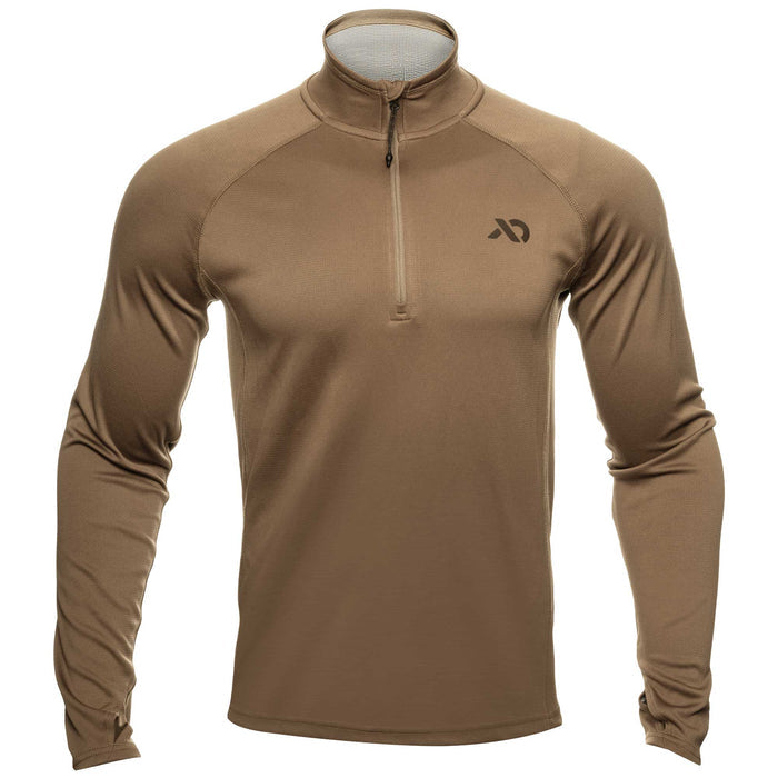 Brown long-sleeve quarter-zip with a First Lite logo on a white background