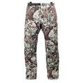 Camouflage hunting pants in brown, green, and white tree-bark pattern, with a black belt and an orange logo on the left leg.