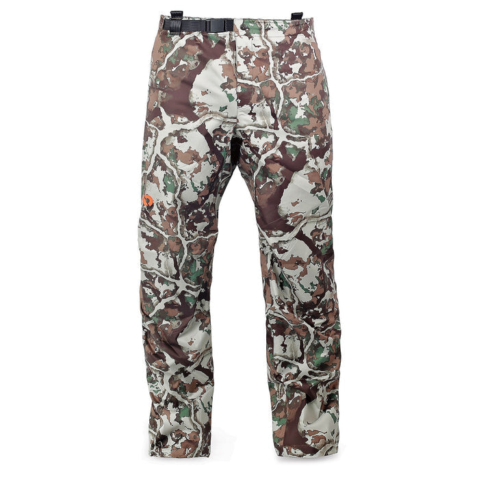 Camouflage hunting pants in brown, green, and white tree-bark pattern, with a black belt and an orange logo on the left leg.