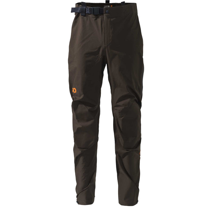 Dark brown outdoor pants featuring an integrated black buckle belt, an orange logo on the left thigh, and adjustable ankle cuffs.