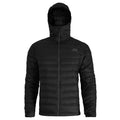 Black hooded puffer jacket with a full zipper and chest logo.