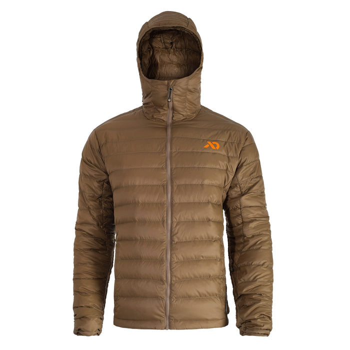 Brown hooded puffer jacket with a full front zipper and an orange logo on the left chest.