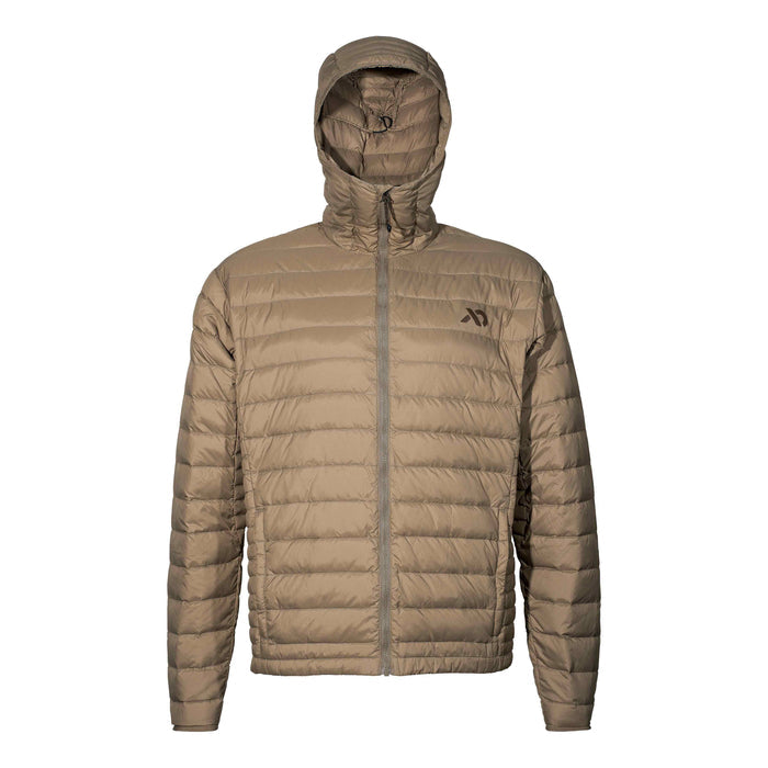 Tan hooded puffer jacket with a full zip and horizontal baffles.
