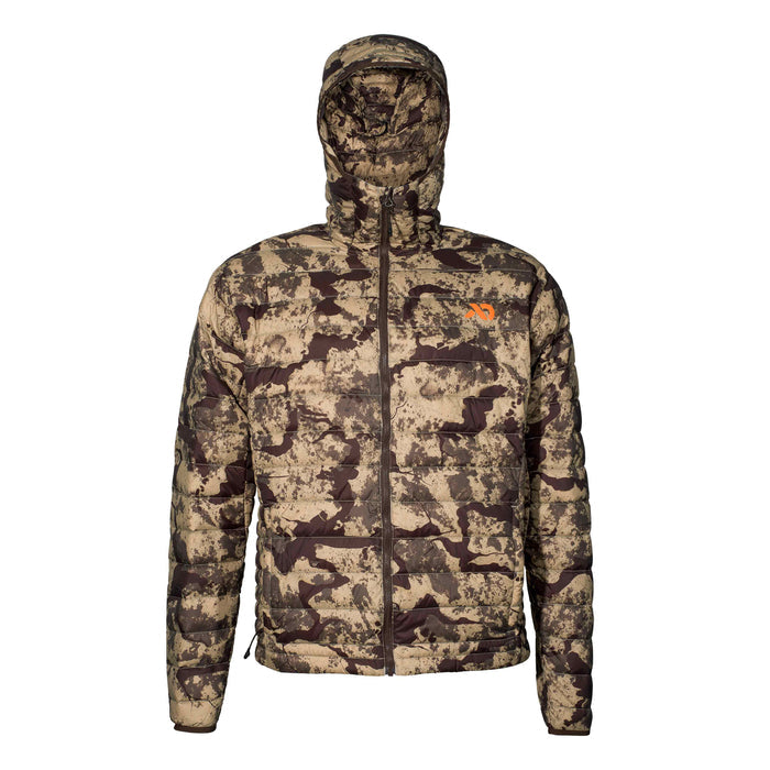 A hooded, full-zip, tan and brown camouflage puffer jacket with an orange logo on the chest.