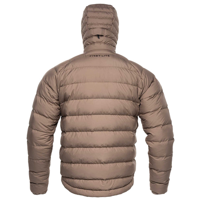 A hooded puffer jacket shown from the back, featuring horizontal quilting and a light brown color, with 'FIRST LITE' printed on the upper back.