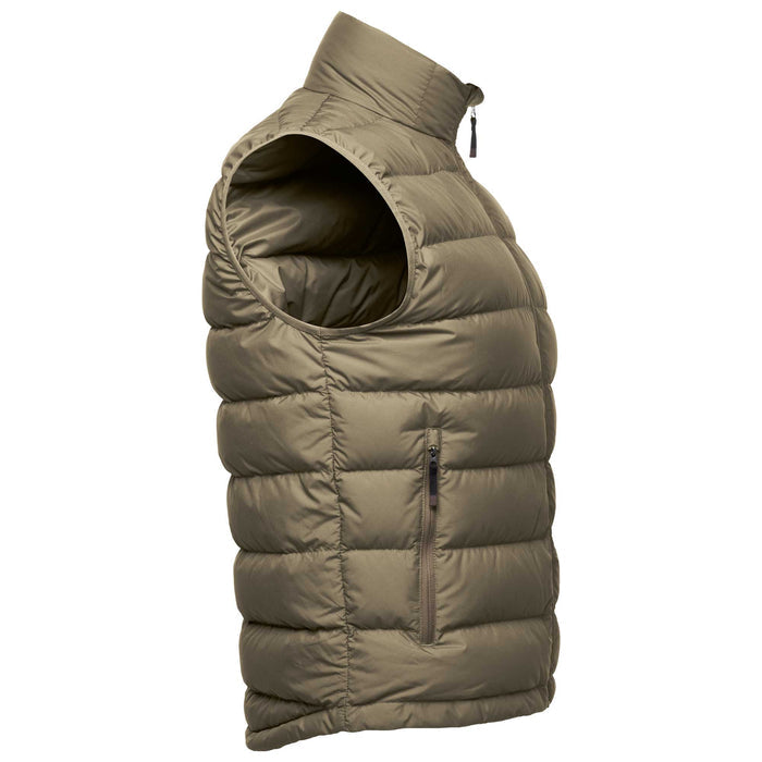 An olive green puffer vest shown from a side profile view against a plain white background.