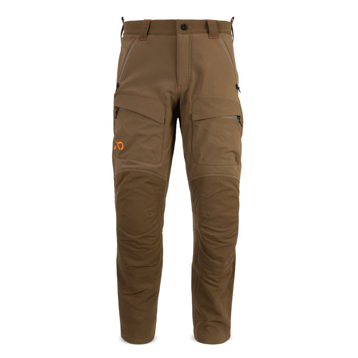 Earth tone brown utility pants with zippered cargo pockets, reinforced knees, and an orange logo on the thigh.