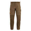 Earth tone brown utility pants with zippered cargo pockets, reinforced knees, and an orange logo on the thigh.