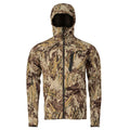 A hooded, full-zip hunting jacket in marsh camouflage with a chest pocket and Skre logo.