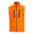 Blaze orange full-zip vest with gray zippers, gray collar trim, two zippered chest pockets, and a dark logo on the right chest.