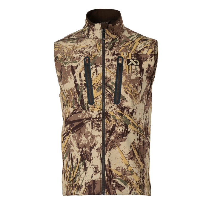 Sleeveless tan and brown camouflage vest with a full-zip front, two black zippered chest pockets, and a stand-up collar.