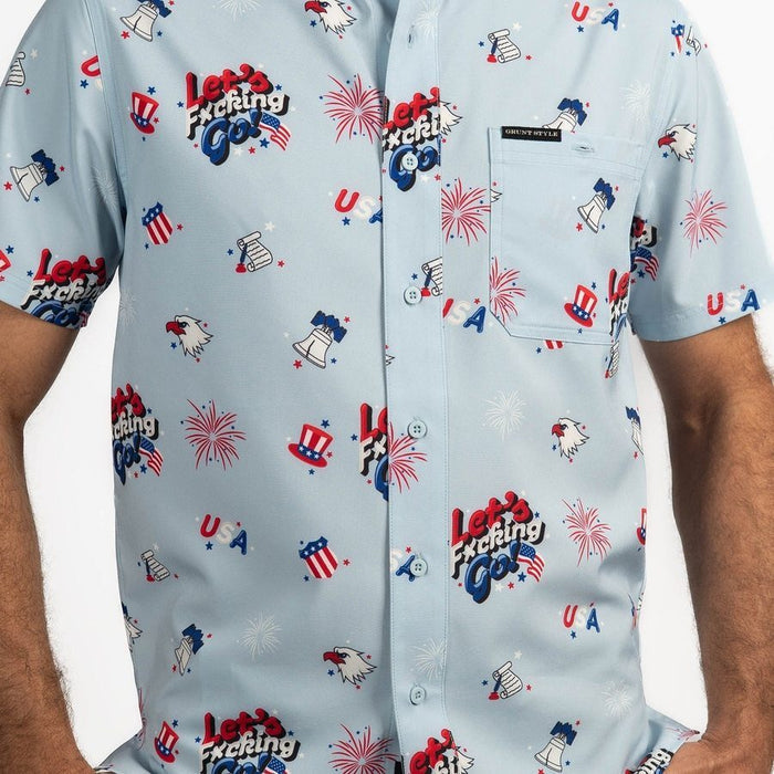 Light blue shirt with red, white, and blue graphics and text on a white background