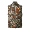 Forest camouflage hunting vest with a full-zip front, stand-up collar, orange chest logo, and olive textured side panels with zippered pockets.