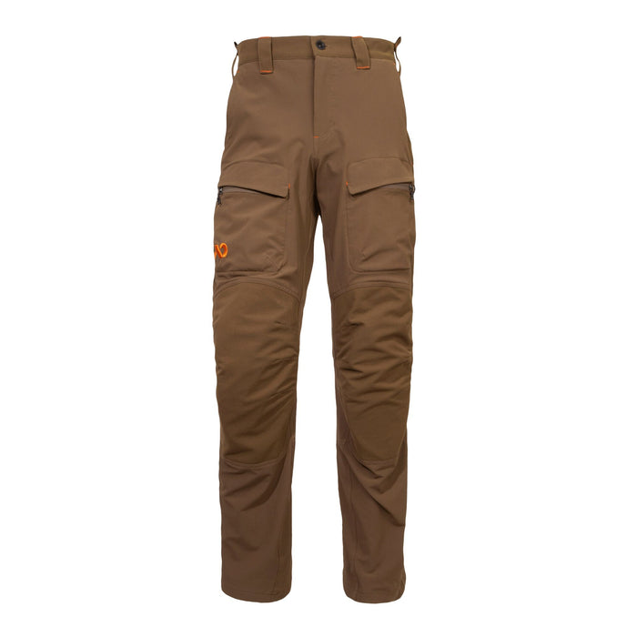 Brown cargo pants with orange accent stitching, zippered thigh pockets, and reinforced knees.