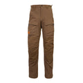 Brown cargo pants with orange accent stitching, zippered thigh pockets, and reinforced knees.