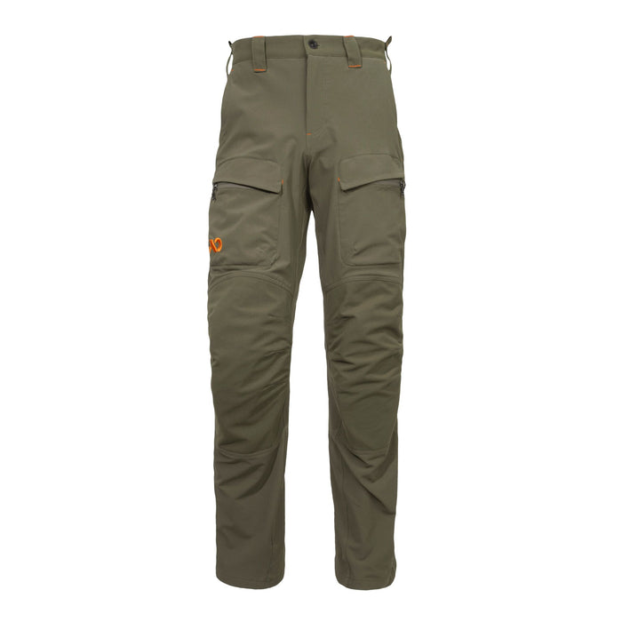 Olive green cargo pants with orange stitching, an orange logo on the left thigh, and zippered thigh pockets.