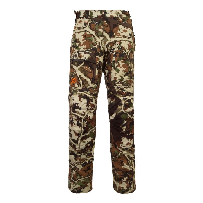Multi-tone camouflage hunting pants featuring zippered cargo pockets and an orange logo on the left thigh.