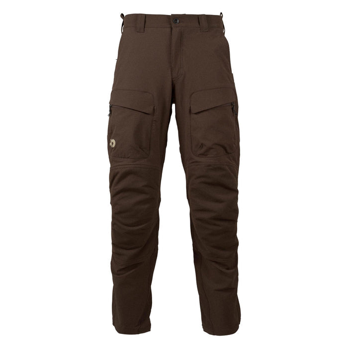 Dark brown cargo pants featuring a button and zipper fly, belt loops, two large flapped and zippered thigh pockets, and reinforced knees.