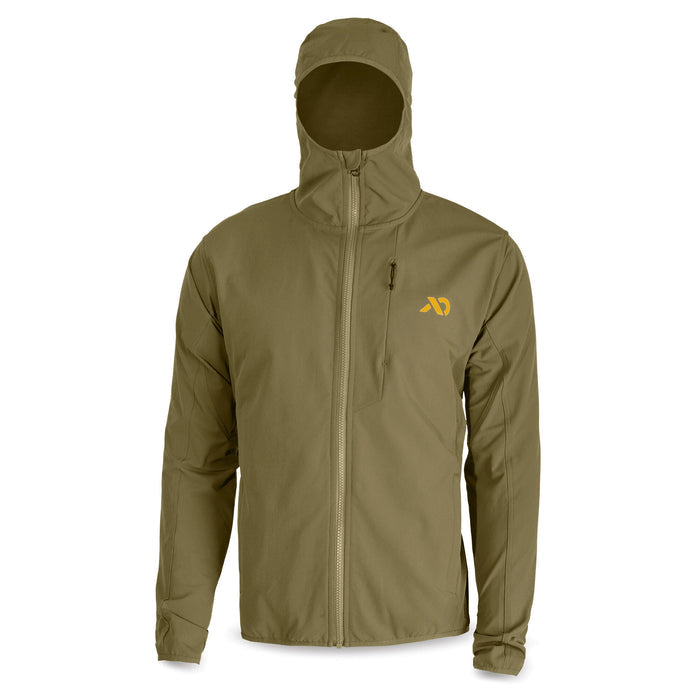 Olive green hooded jacket with full-zip front, zippered chest pocket, and an orange logo on the left chest.