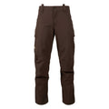 Brown outdoor pants with button and zipper closure, belt loops, front and side cargo pockets, and a logo on the left cargo pocket.