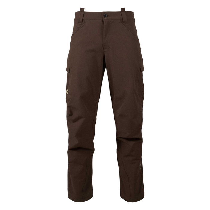 Brown outdoor pants with button and zipper closure, belt loops, front and side cargo pockets, and a logo on the left cargo pocket.