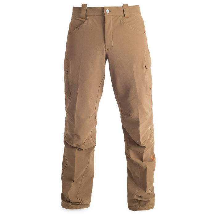Tan cargo pants featuring a front button, orange accent stitching, and articulated knees.