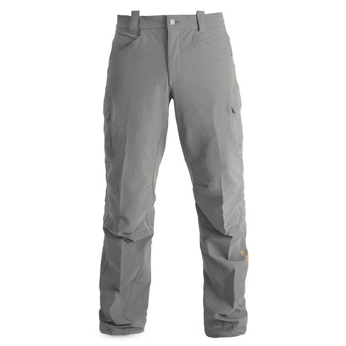 Grey cargo pants featuring belt loops, front slash pockets, two side cargo pockets, articulated knees, and elasticized cuffs.