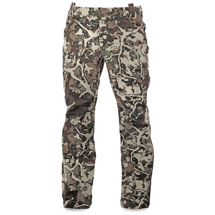 Camouflage pants in tan, brown, and green with an organic branching pattern, button closure, and side pockets.