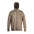 Tan hooded jacket with a full-zip front, chest logo, and elastic cuffs.