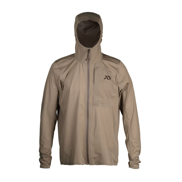 Tan hooded jacket with a full-zip front, chest logo, and elastic cuffs.