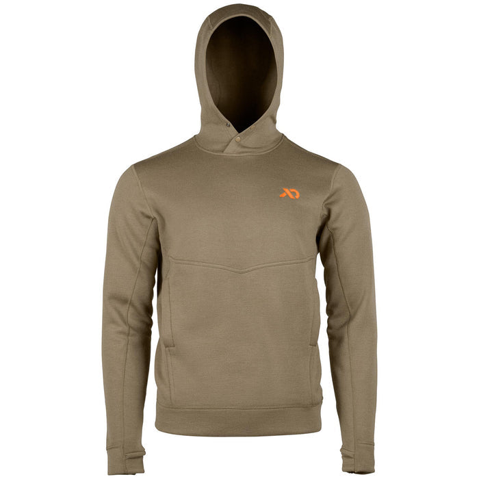 Olive brown hooded sweatshirt with two snaps at the neck, an orange logo on the chest, V-seam front pocket, and thumbhole cuffs.