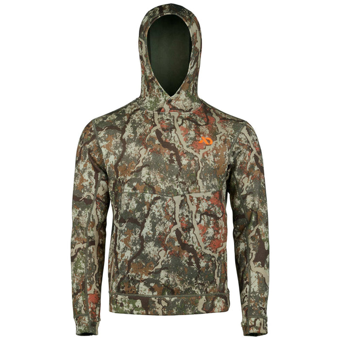 Camouflage long-sleeve hoodie with an orange chest logo and a kangaroo pocket.