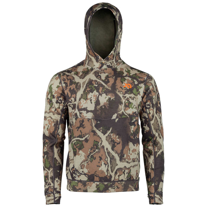 Camouflage hoodie with an attached hood, snap closure, orange logo on the left chest, and a contrasting horizontal chest panel.
