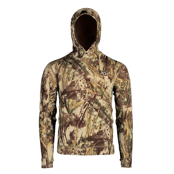 Long-sleeve hoodie in brown, tan, and green reed camouflage, featuring a built-in face mask and a dark logo on the chest.