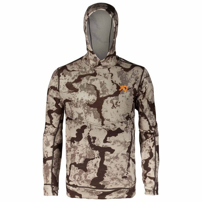 Brown and tan camouflage long-sleeve hooded shirt with an integrated balaclava, orange chest logo, and V-stitch detail.