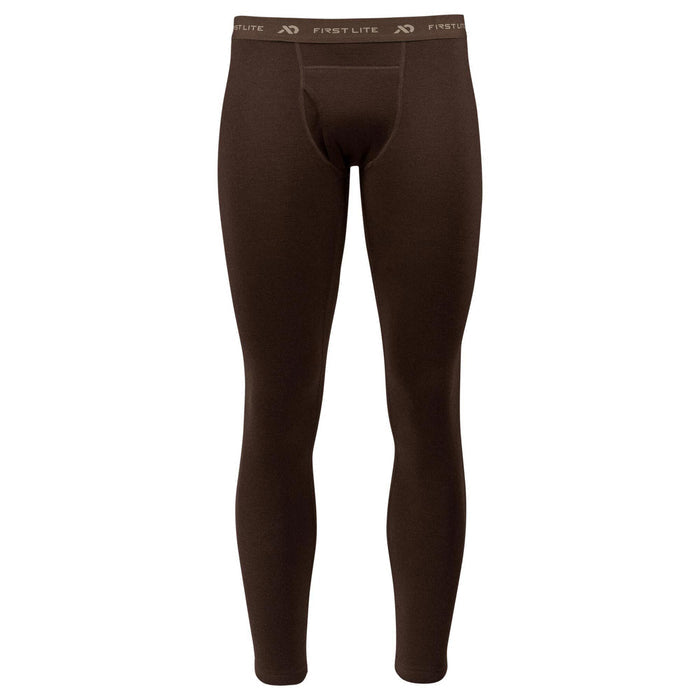 Brown thermal leggings with a "FIRST LITE" logo waistband and a front fly.