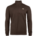 Dark brown quarter-zip pullover with a zippered chest pocket, light logo, and thumbholes.