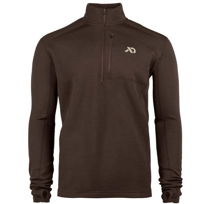 Dark brown quarter-zip pullover with a zippered chest pocket, light logo, and thumbholes.