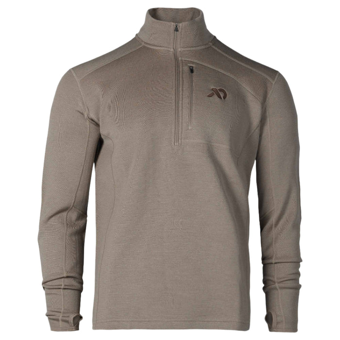 Taupe long-sleeve quarter-zip top with textured fabric, zippered chest pocket, embroidered logo, and thumbholes.